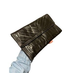 Vintage 80s Genuine Black Eel Skin Leather Clutch Purse Handbag Made In Korea